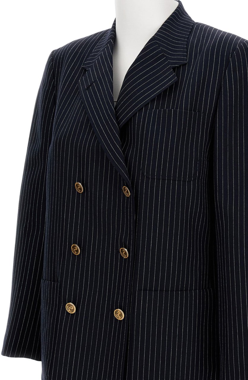 Thom Browne Navy Pinstripe Double-Breasted Jacket With Gold-Tone Buttons Blauw