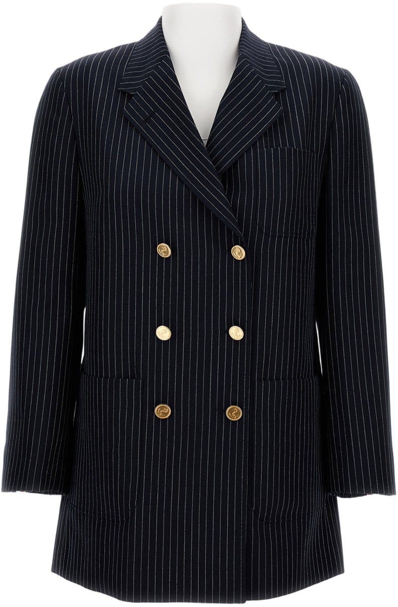 Thom Browne Navy Pinstripe Double-Breasted Jacket With Gold-Tone Buttons Blauw