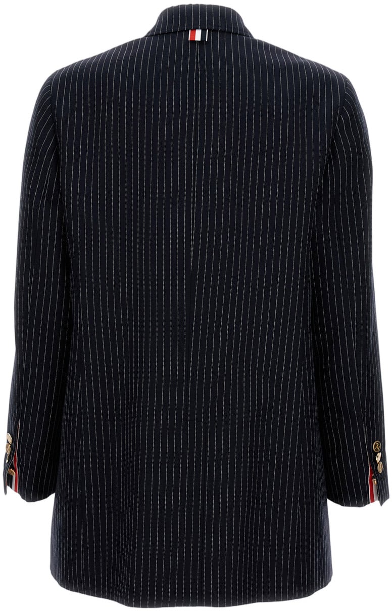 Thom Browne Navy Pinstripe Double-Breasted Jacket With Gold-Tone Buttons Blauw