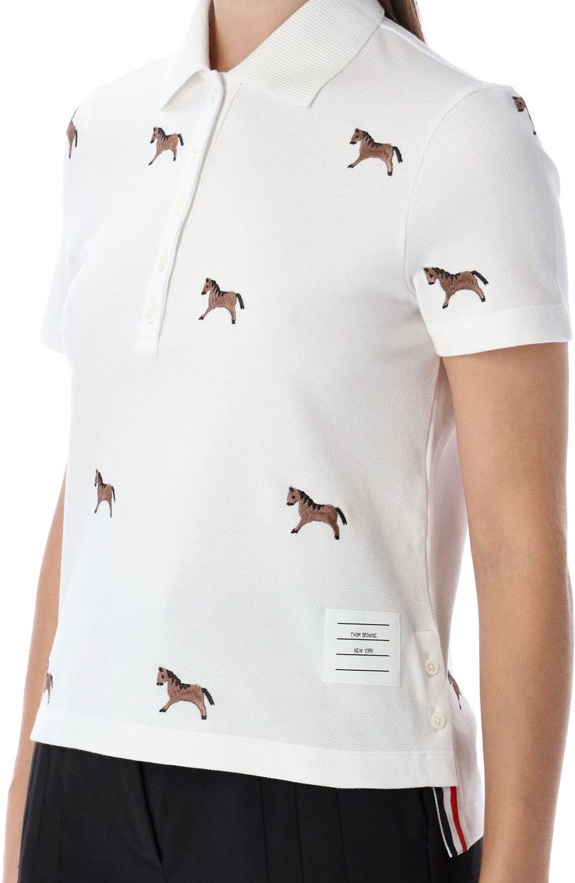 Thom Browne Short Sleeve Polo W/ Horse Half Drop Emb Bianco Wit