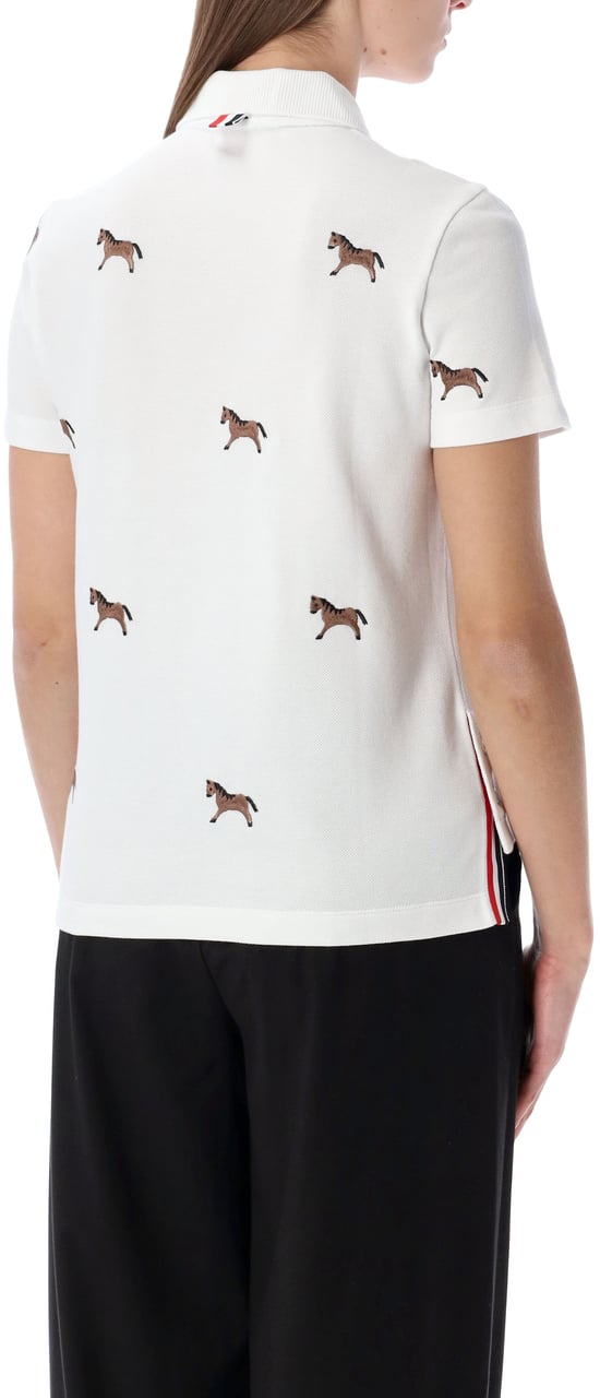 Thom Browne Short Sleeve Polo W/ Horse Half Drop Emb Bianco Wit