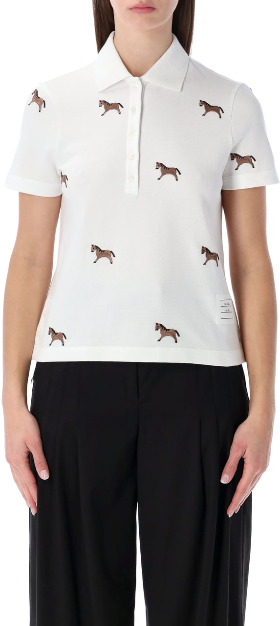 Thom Browne Short Sleeve Polo W/ Horse Half Drop Emb Bianco Wit
