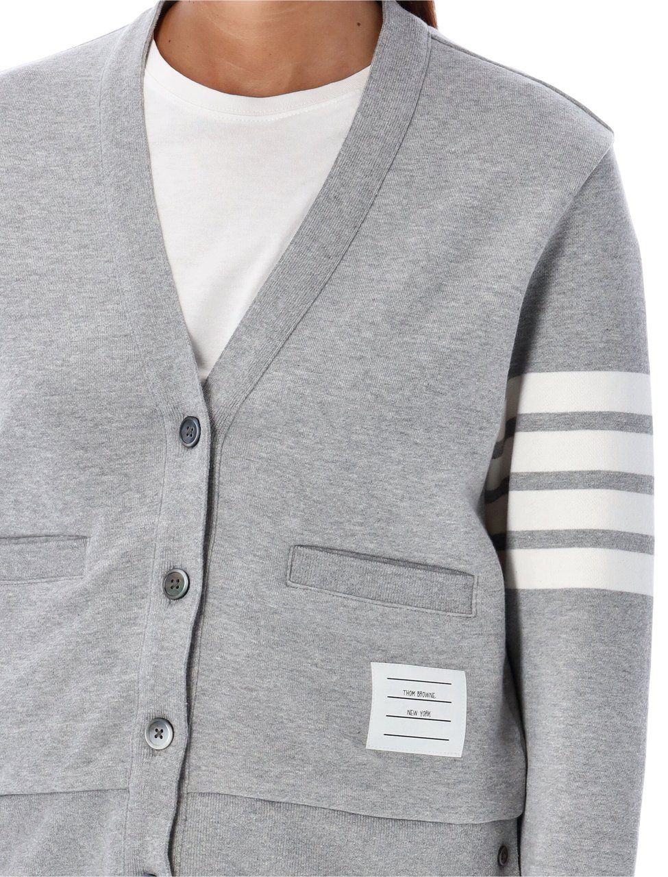 Thom Browne V-Neck Cardigan W/ Engineered 4 In Class Lt Grey Grijs