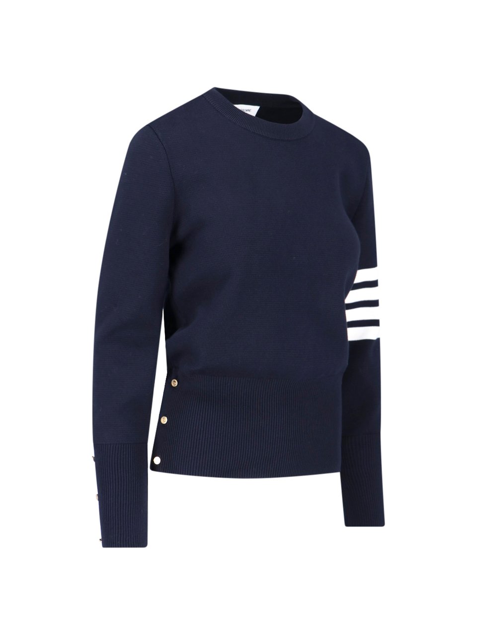 Thom Browne Navy Blue Cotton Sweater with Distinctive Four-Bar Stripes Blauw