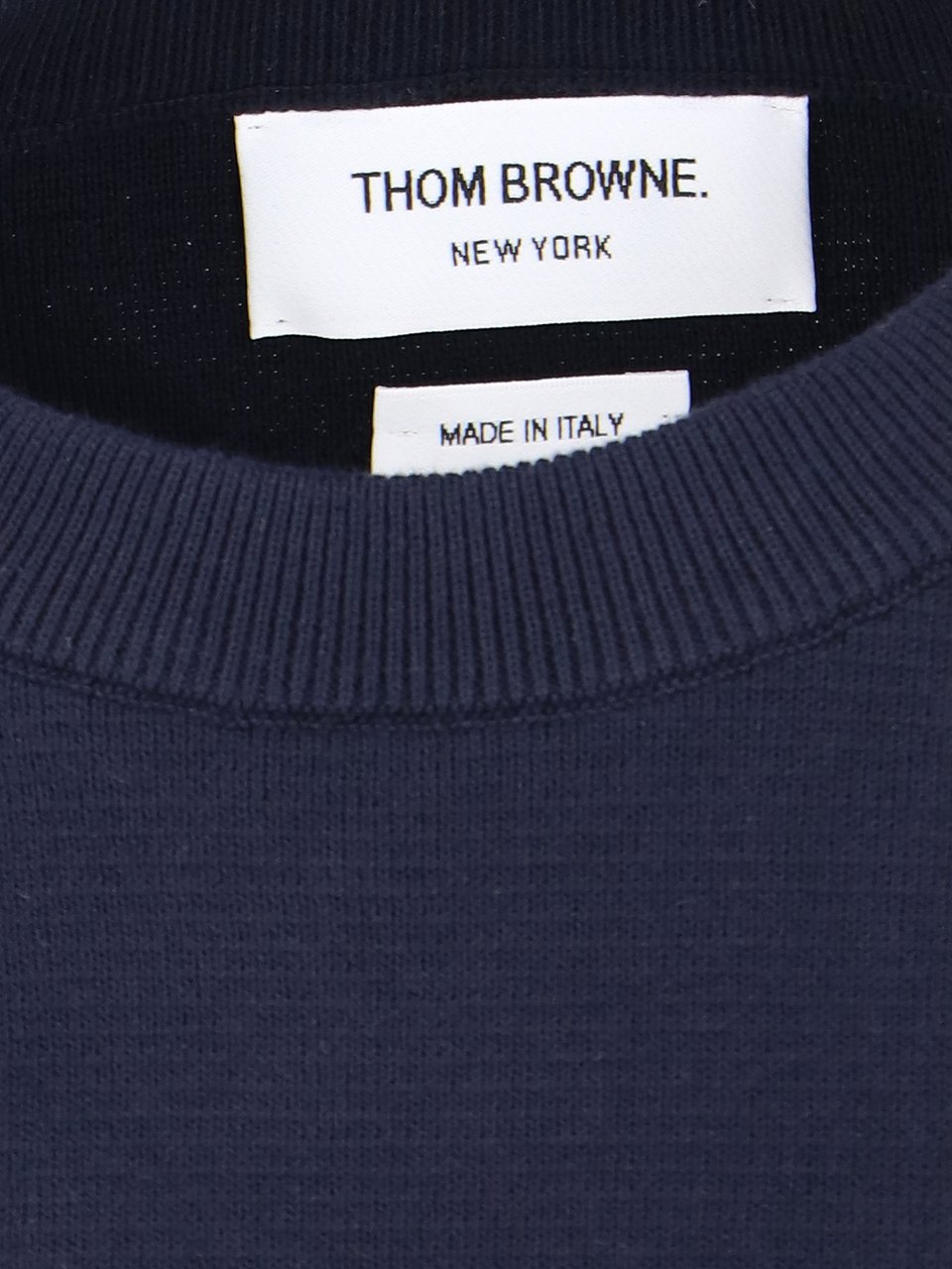 Thom Browne Navy Blue Cotton Sweater with Distinctive Four-Bar Stripes Blauw