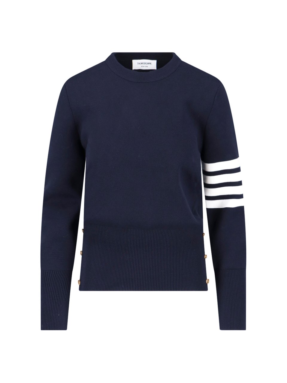 Thom Browne Navy Blue Cotton Sweater with Distinctive Four-Bar Stripes Blauw