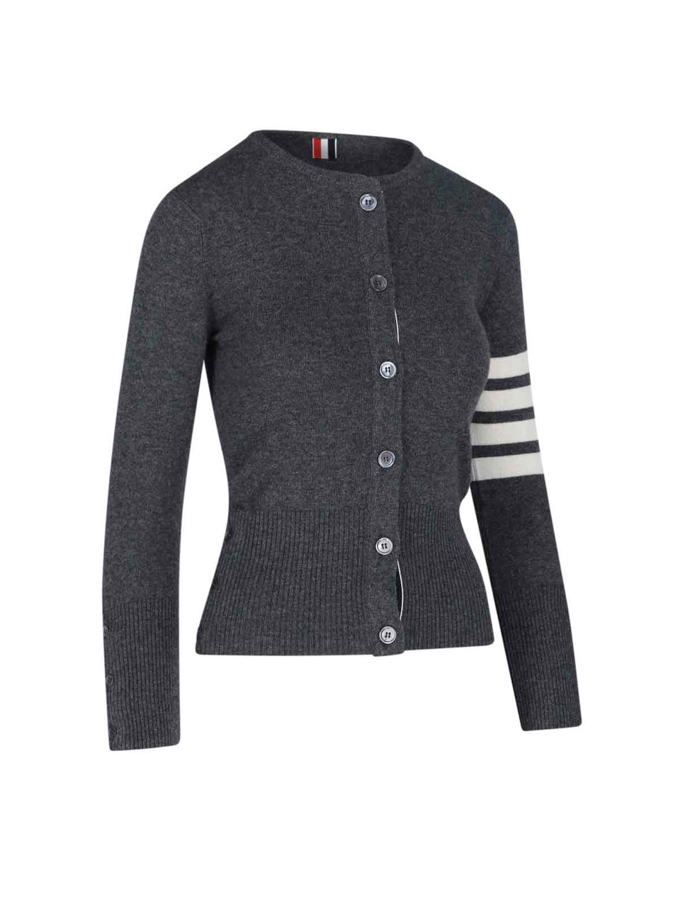 Thom Browne Grey Cashmere Cardigan with Iconic 4-Bar Stripes Grijs