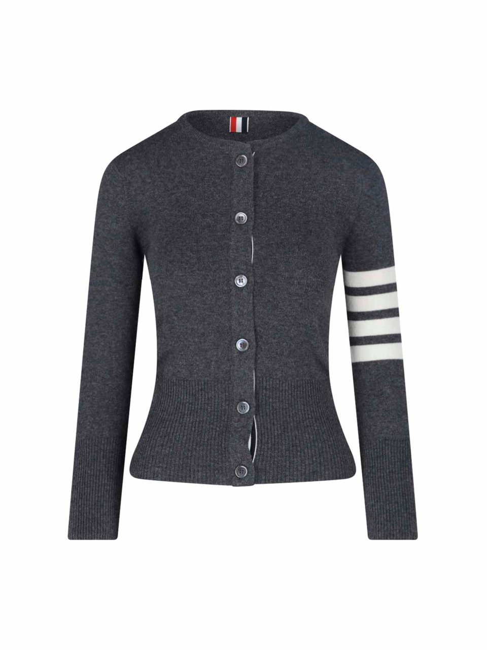 Thom Browne Grey Cashmere Cardigan with Iconic 4-Bar Stripes Grijs