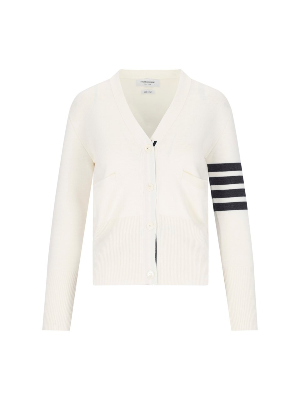 Thom Browne V-Neck Button-Front Cardigan with Striped Intarsia Wit