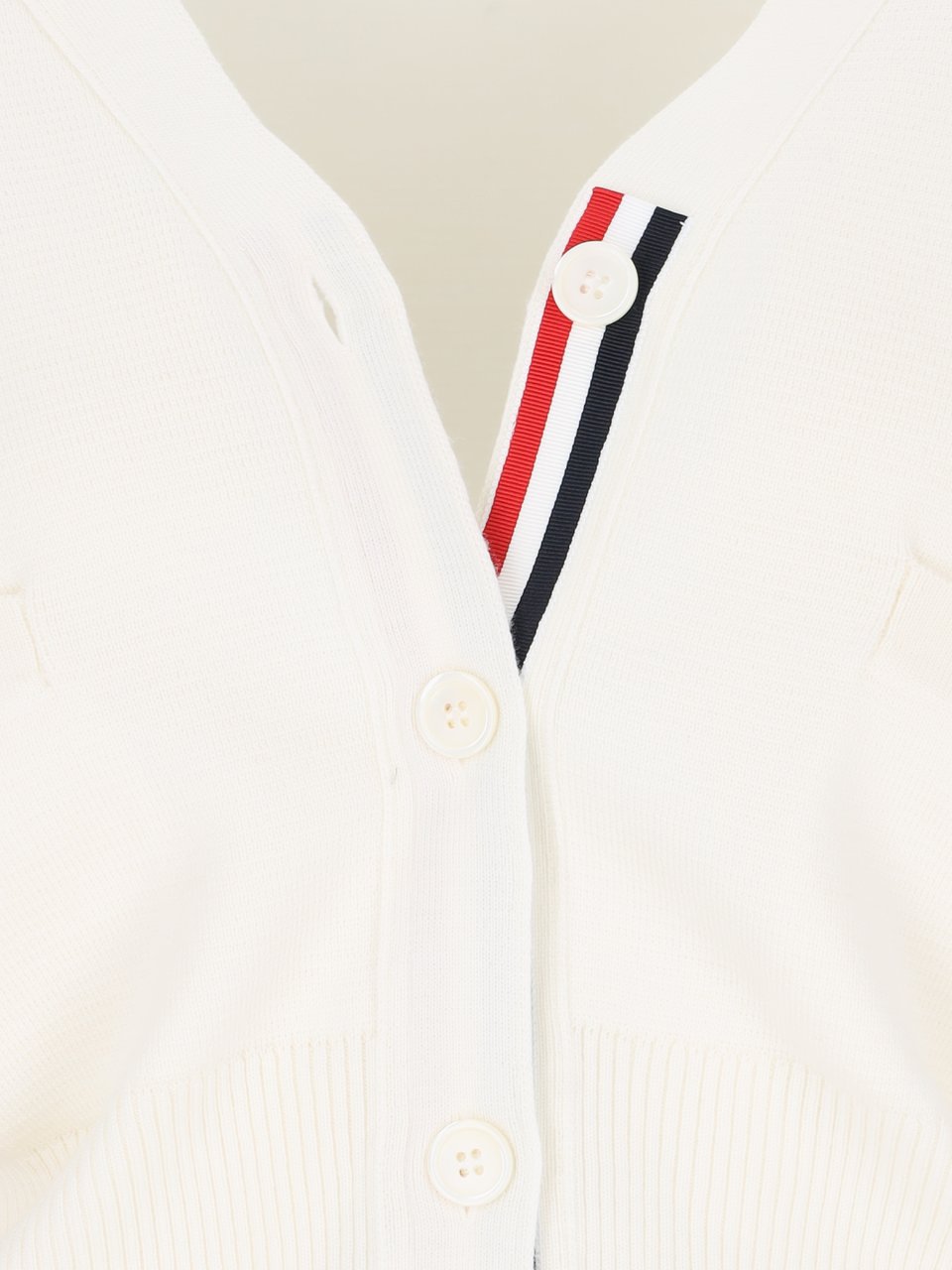 Thom Browne V-Neck Button-Front Cardigan with Striped Intarsia Wit