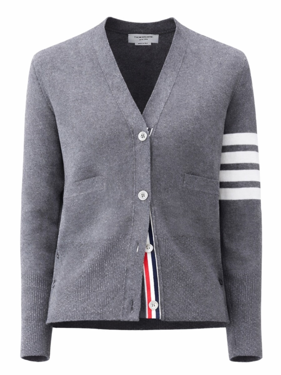 Thom Browne V-Neck Horizontal Stripes Detail Cardigan Grijs