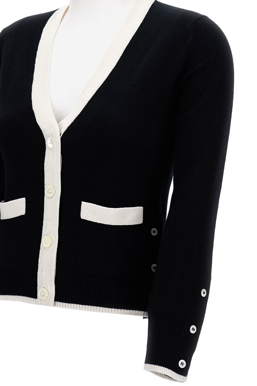 Thom Browne V-Neck Cardigan With Contrasting Trim And Button Closure Zwart