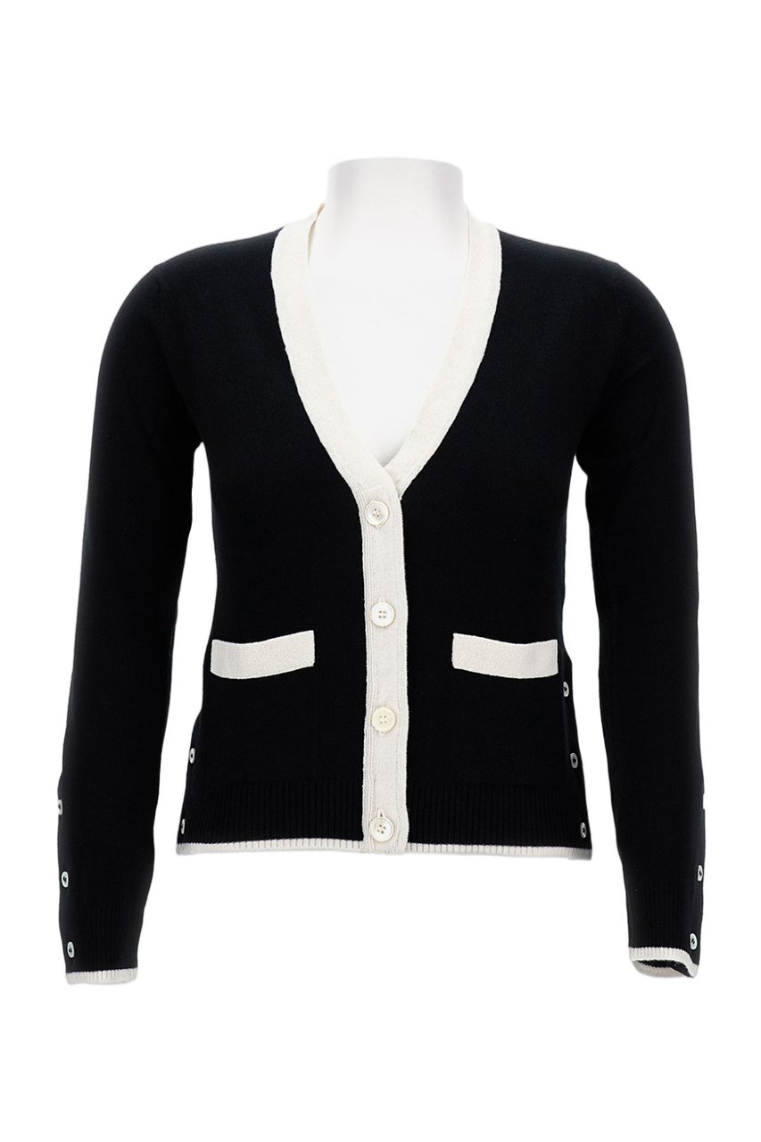 Thom Browne V-Neck Cardigan With Contrasting Trim And Button Closure Zwart