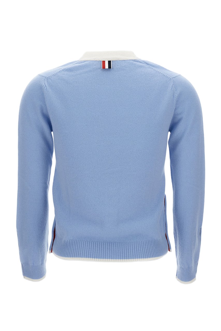 Thom Browne V-Neck Knitted Cardigan With Patch Pockets And Contrast Trim Blauw