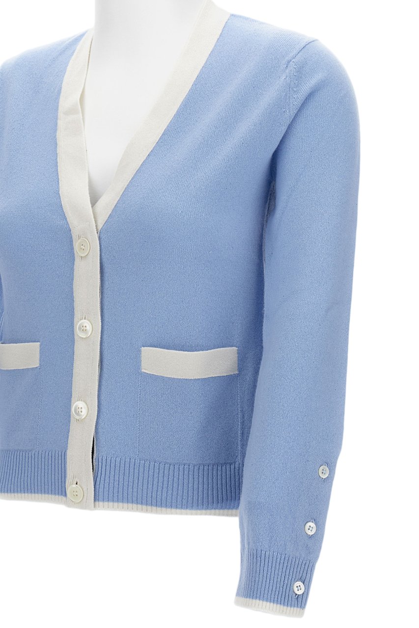 Thom Browne V-Neck Knitted Cardigan With Patch Pockets And Contrast Trim Blauw