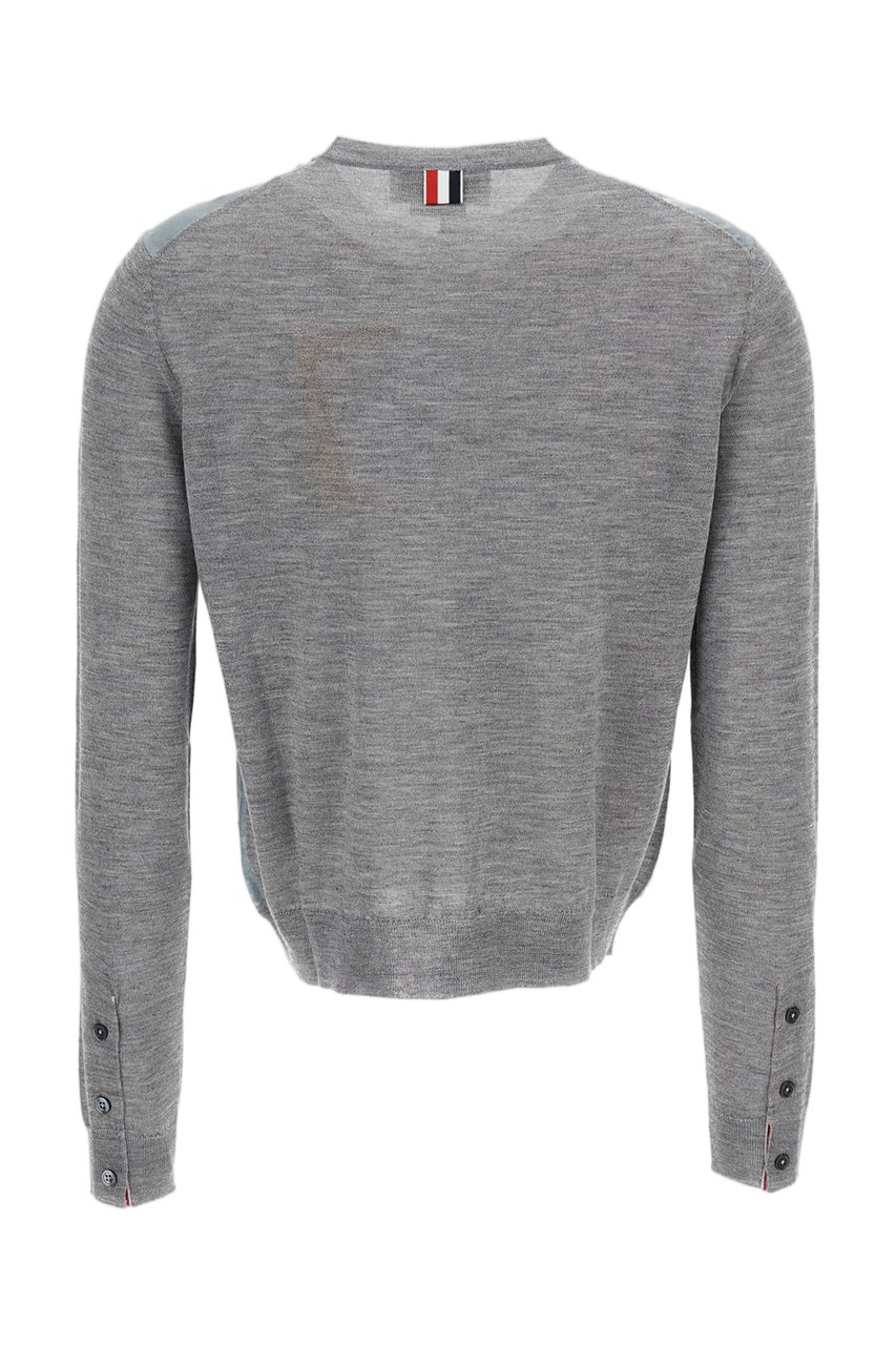 Thom Browne Cropped Cashmere-Silk Cardigan with Scenic Print and Buttoned Cuffs Grijs