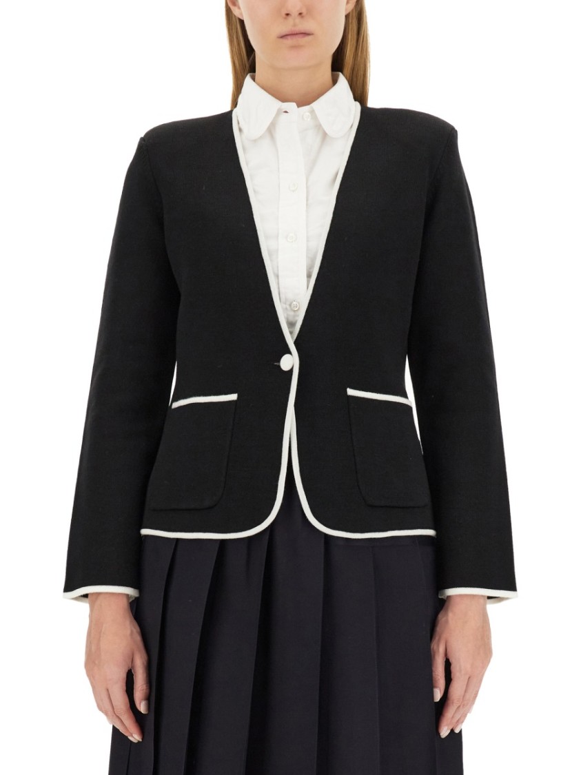 Thom Browne Single-Breasted Collarless Jacket Zwart