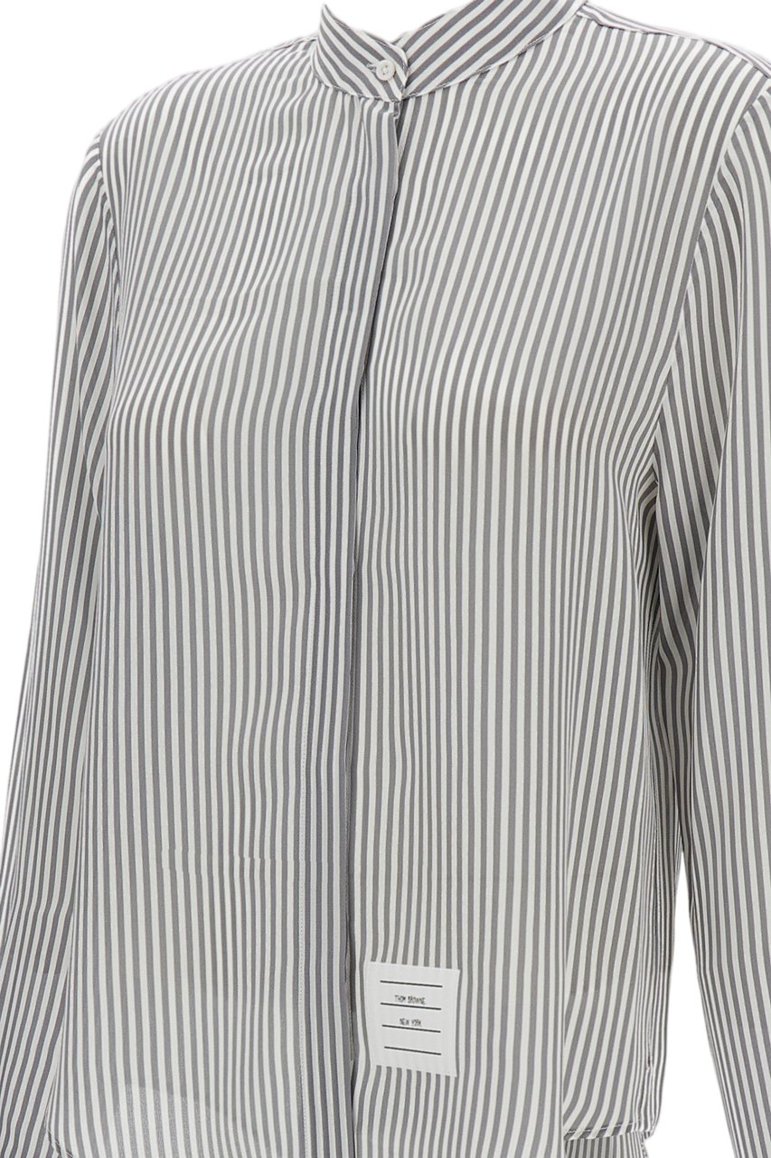 Thom Browne Striped Silk Shirt With Detachable Tie Collar And Signature Details Grijs