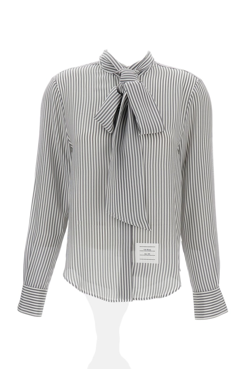 Thom Browne Striped Silk Shirt With Detachable Tie Collar And Signature Details Grijs