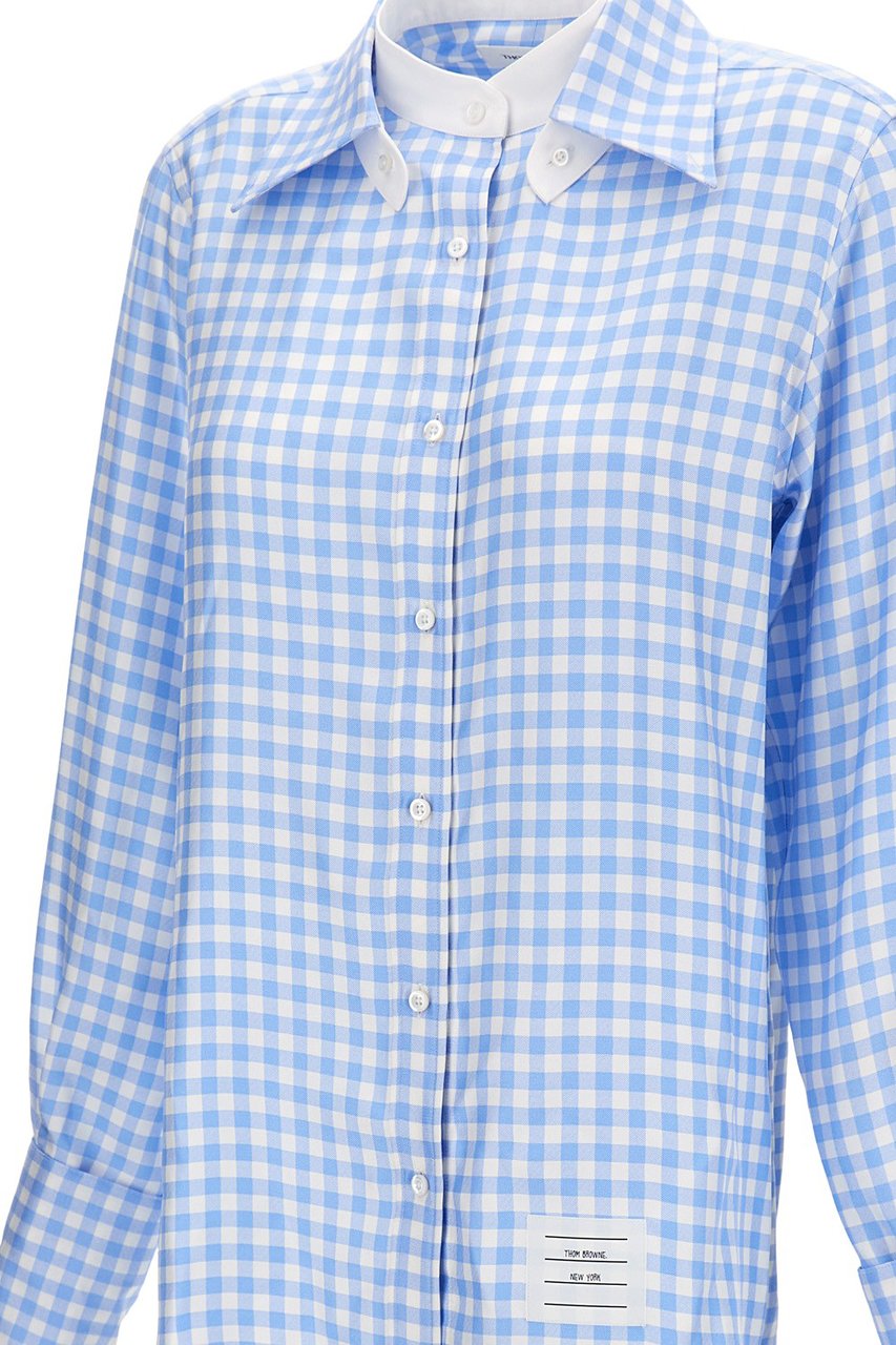 Thom Browne Checked Silk Twill Shirt With Classic Collar And Logo Label Blauw