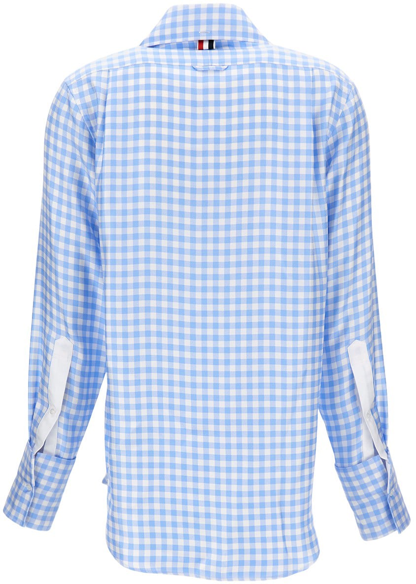 Thom Browne Checked Silk Twill Shirt With Classic Collar And Logo Label Blauw