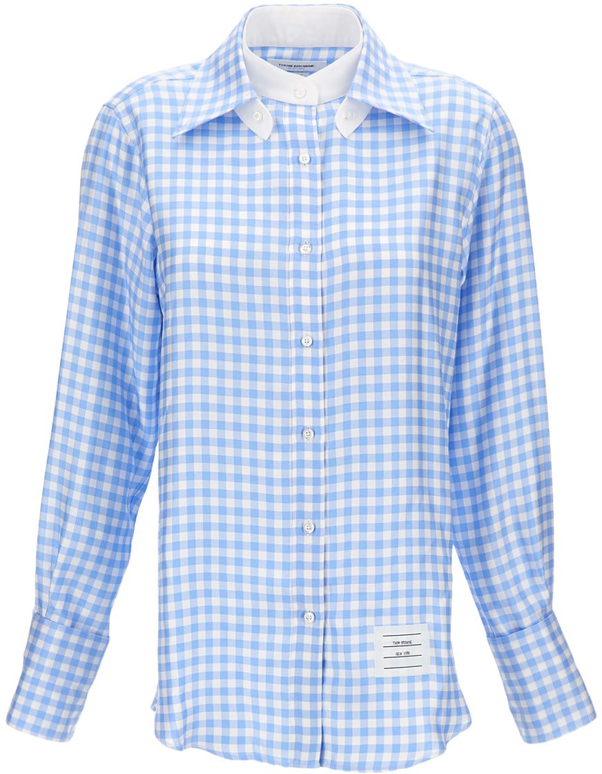 Thom Browne Checked Silk Twill Shirt With Classic Collar And Logo Label Blauw