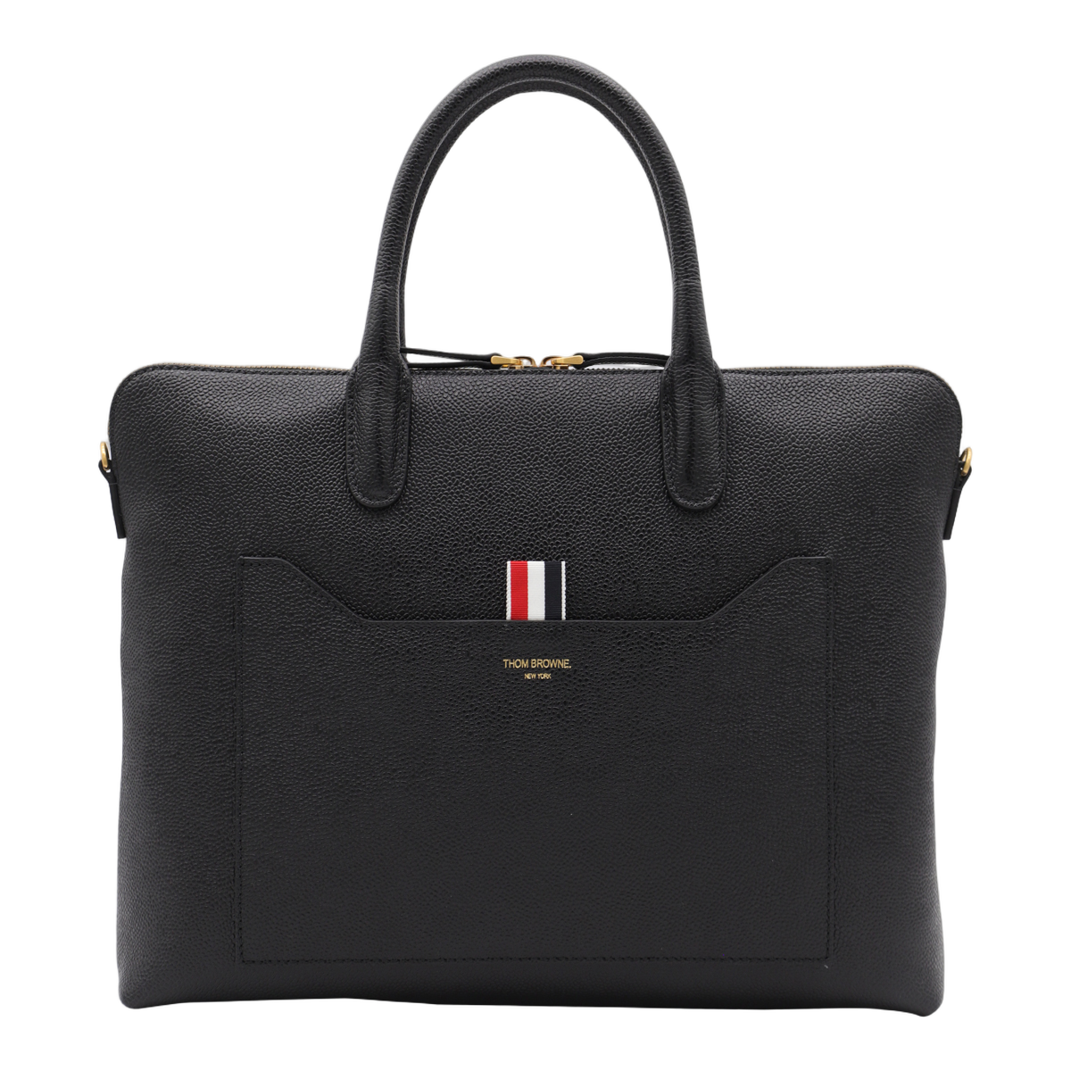 Thom Browne Textured Black Leather Briefcase with Gold Hardware Zwart