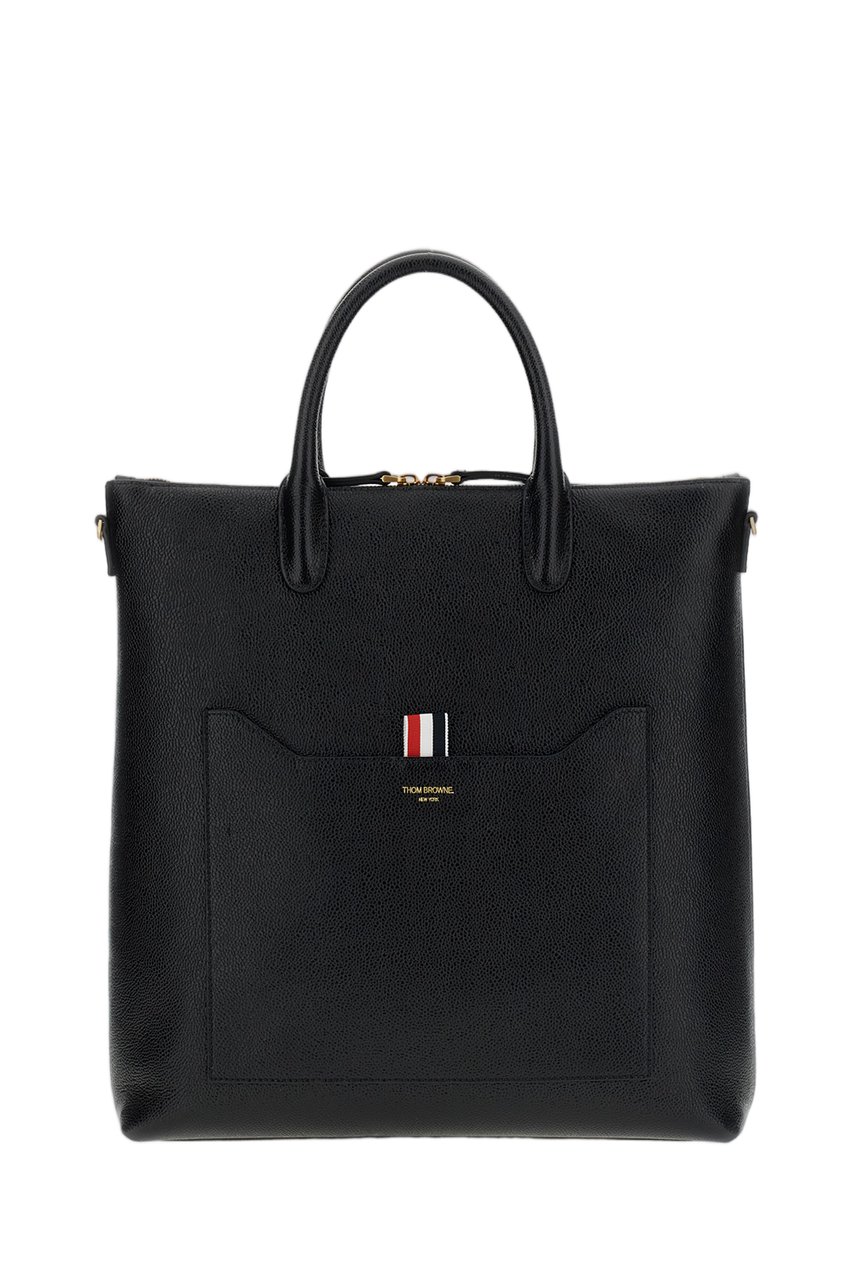 Thom Browne Black Zip Pebble Grain Leather Tote Bag Zwart