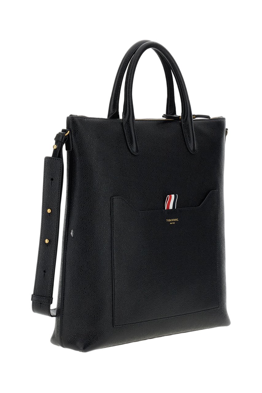 Thom Browne Black Zip Pebble Grain Leather Tote Bag Zwart