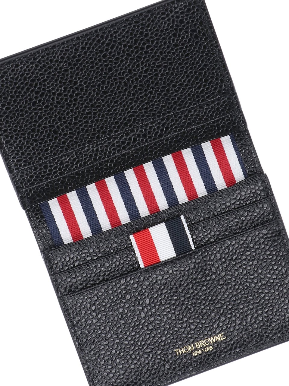 Thom Browne Textured Black Leather Card Holder with Striped Interior Zwart