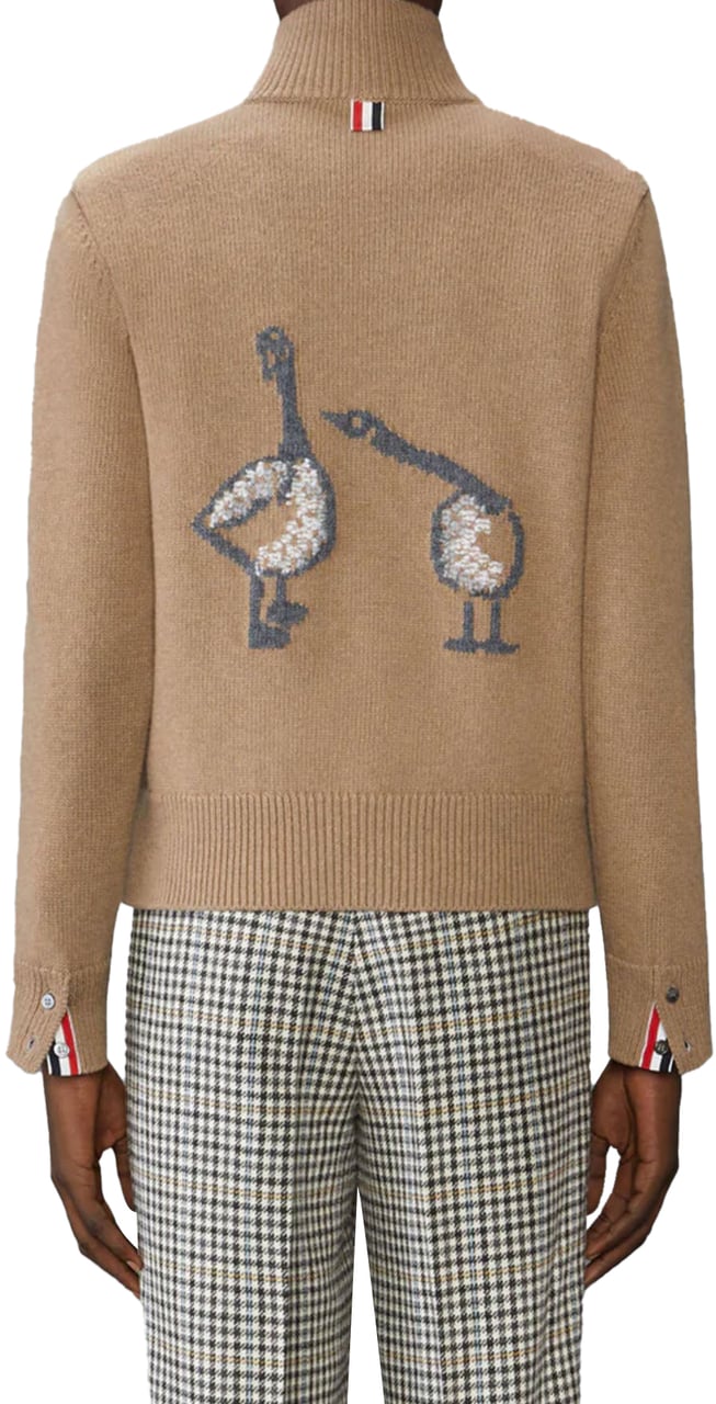 Thom Browne MERINO WOOL INTARSIA GEESE HALF ZIP MOCK NECK Beige