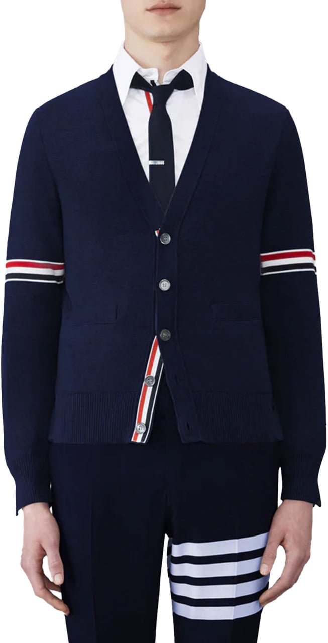 Thom Browne COTTON MILANO STITCH V-NECK CARDIGAN NAVY Blauw