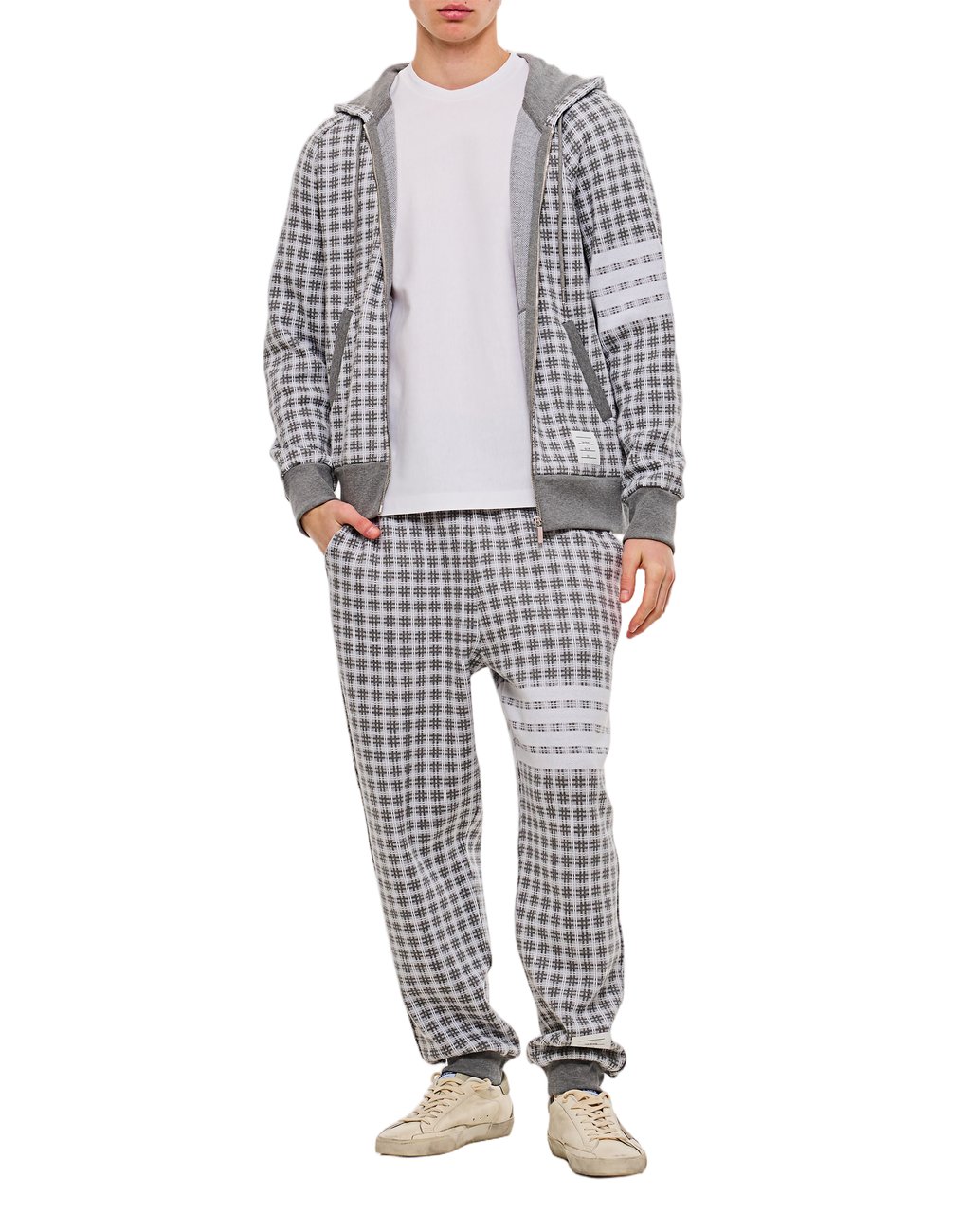 Thom Browne Checkered Cotton Sweatpants with 4-Bar Stripe and Drawstring Waistband Grijs