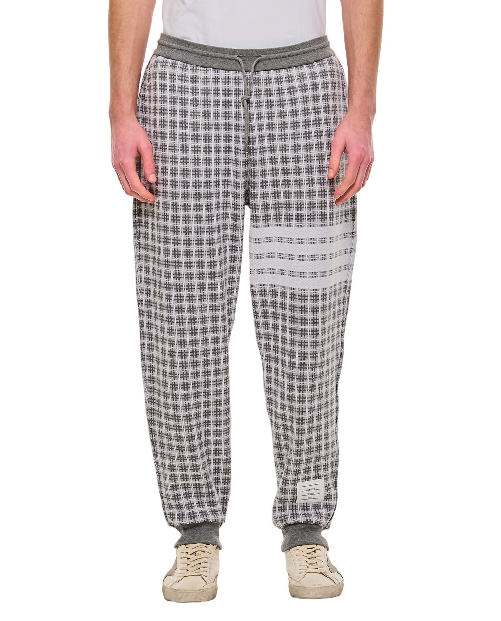 Thom Browne Checkered Cotton Sweatpants with 4-Bar Stripe and Drawstring Waistband Grijs