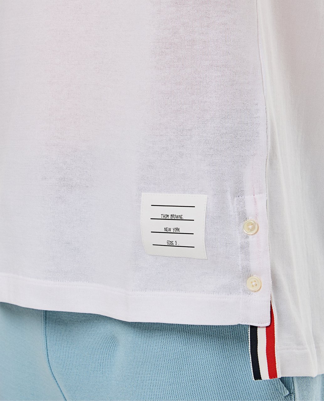 Thom Browne Short-Sleeve Ribbed Cuff T-Shirt with Striped Accent Wit