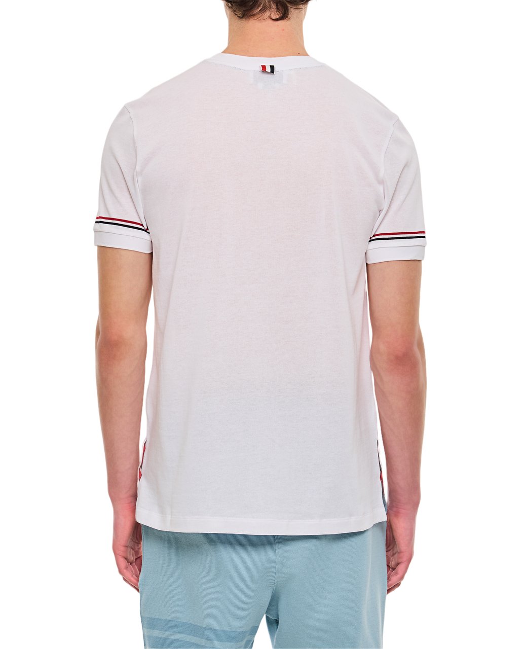 Thom Browne Short-Sleeve Ribbed Cuff T-Shirt with Striped Accent Wit