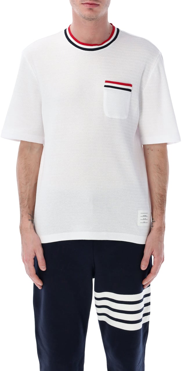 Thom Browne Short Sleeve Tee W/ Striped Racking Stit Bianco Wit