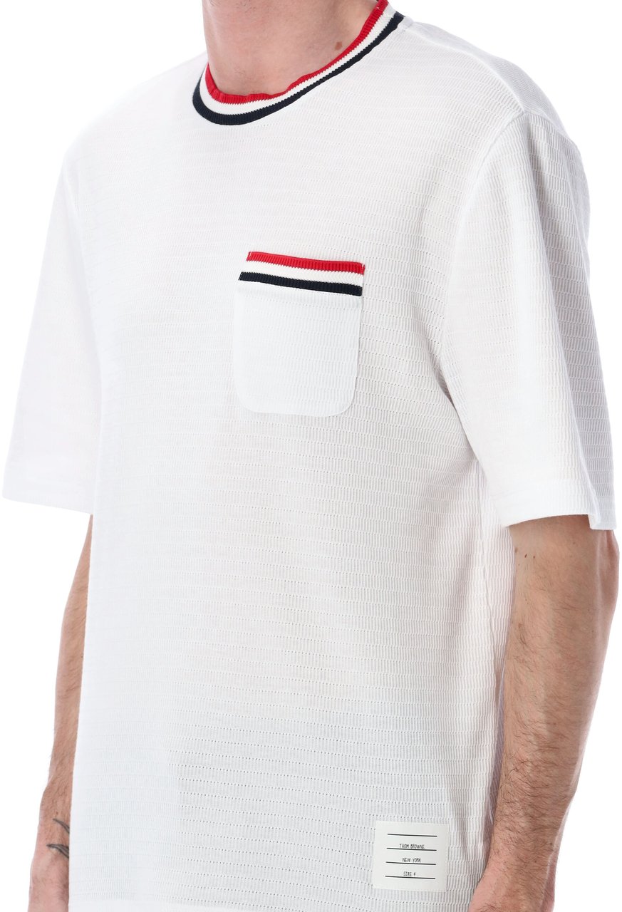 Thom Browne Short Sleeve Tee W/ Striped Racking Stit Bianco Wit