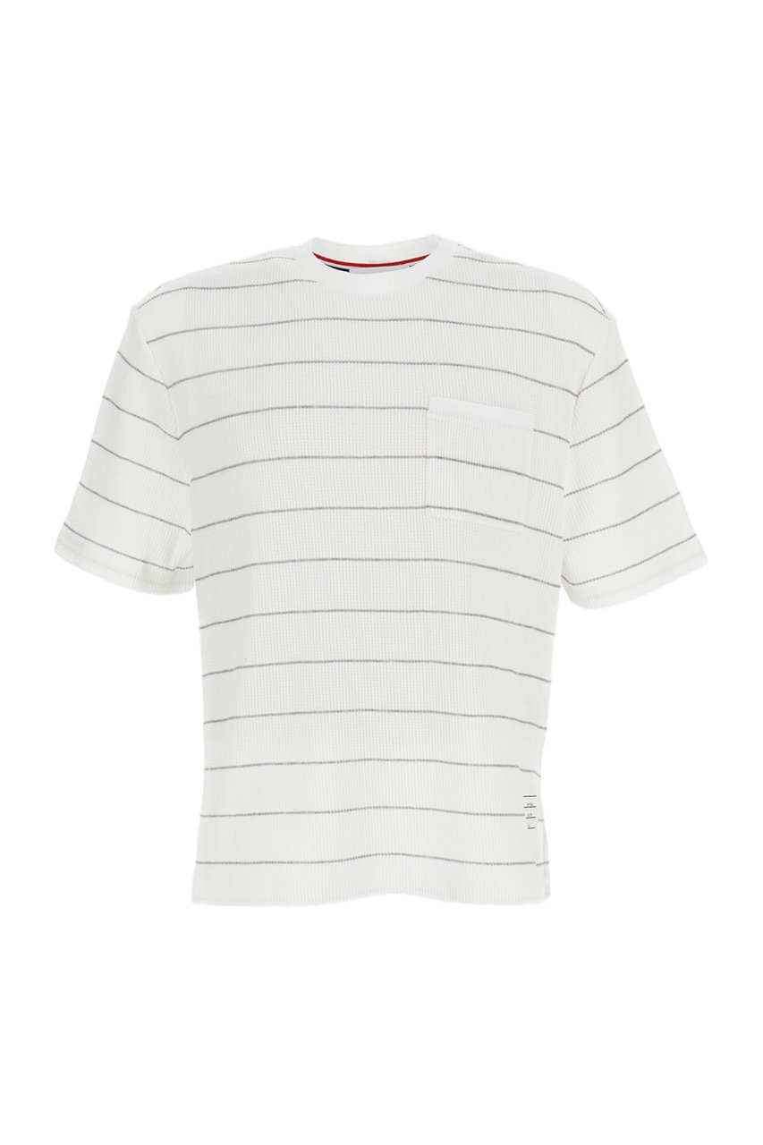 Thom Browne SHORT SLEEVE TEE IN TEXTURED STRIPE WAFFLE Wit