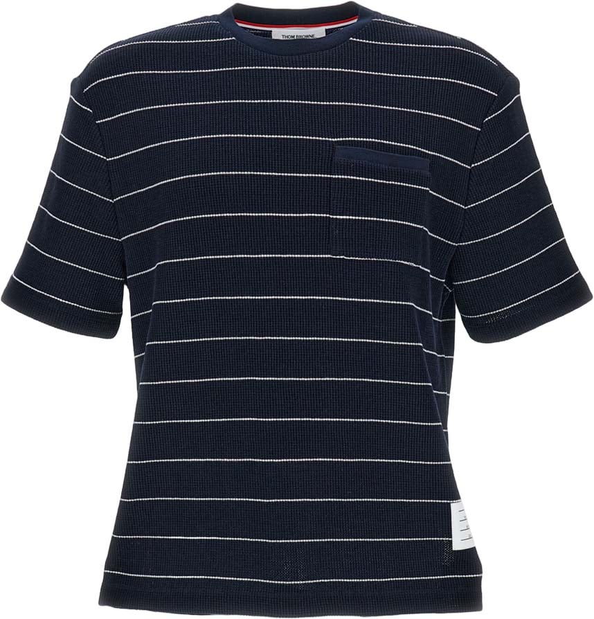 Thom Browne Structured Stripe Waffle Short Sleeve Tee Blauw