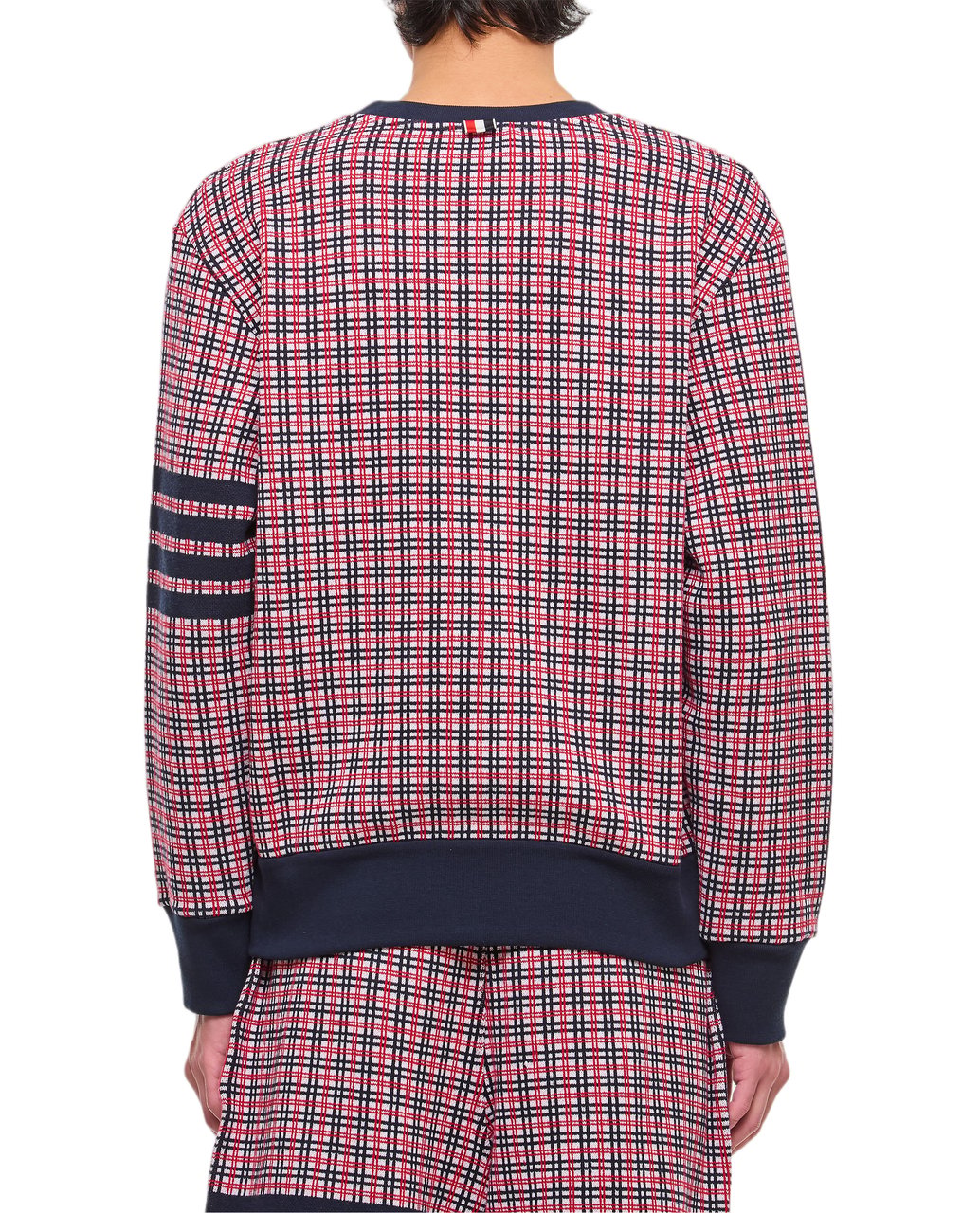 Thom Browne 4-Bar Cotton Crewneck Sweatshirt with Checkered Pattern Blauw