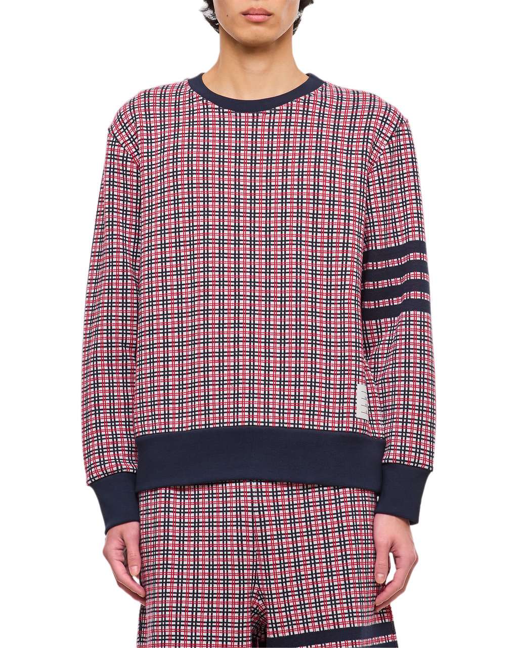 Thom Browne 4-Bar Cotton Crewneck Sweatshirt with Checkered Pattern Blauw