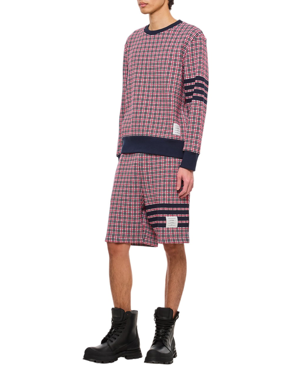 Thom Browne 4-Bar Cotton Crewneck Sweatshirt with Checkered Pattern Blauw