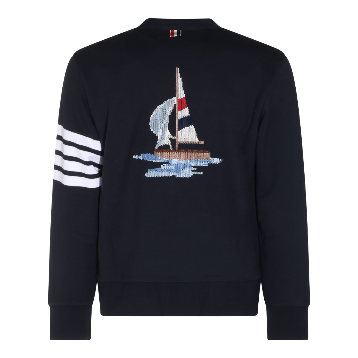Thom Browne V-Neck Cotton Knit Sweater with Embroidered Sailboat Zwart