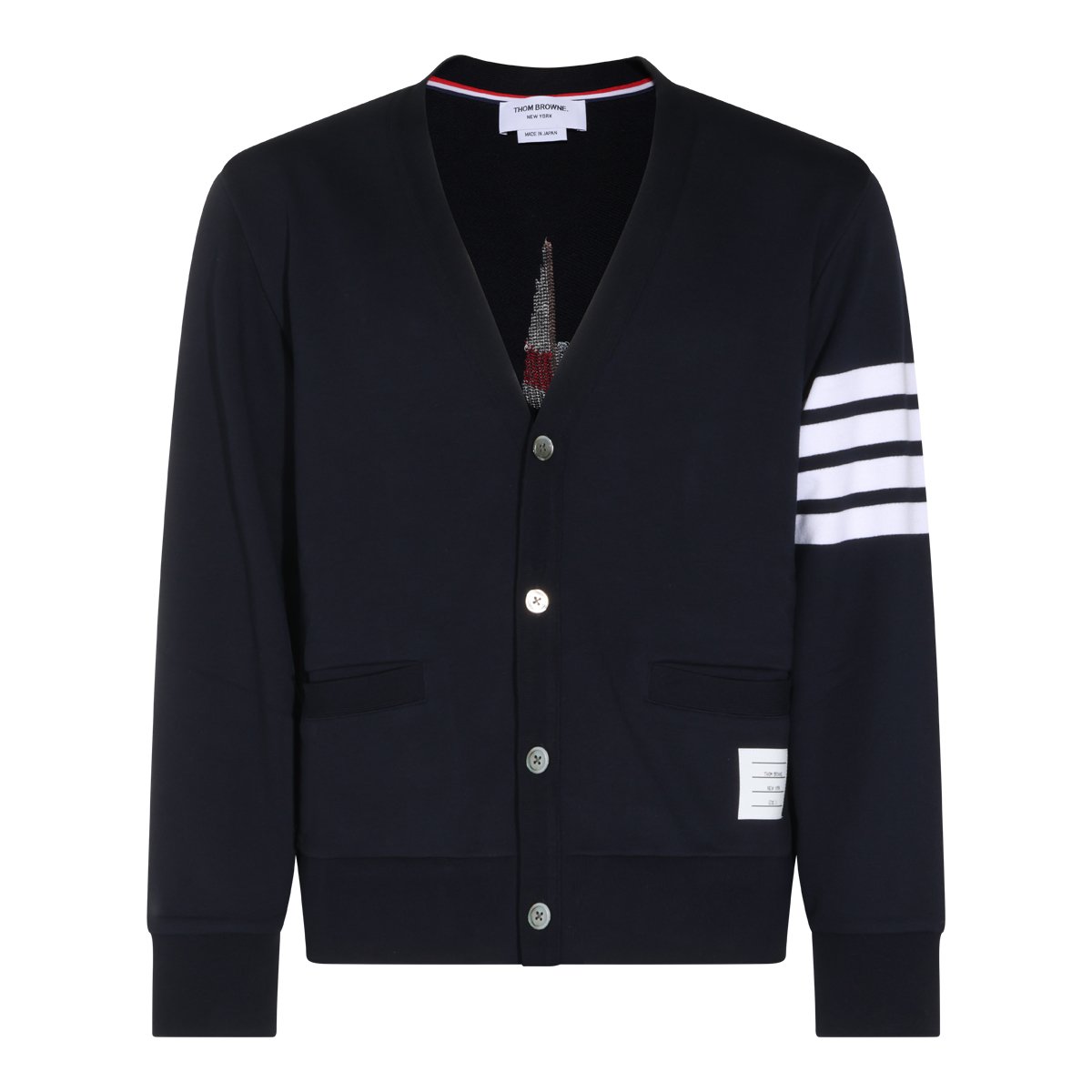 Thom Browne V-Neck Cotton Knit Sweater with Embroidered Sailboat Zwart