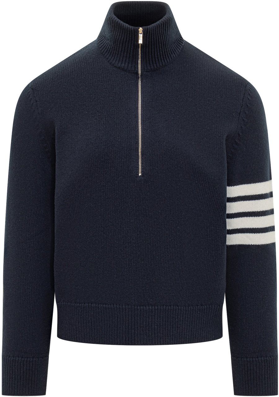 Thom Browne Thom Browne Maglia Blu con Zip e Righe Blauw