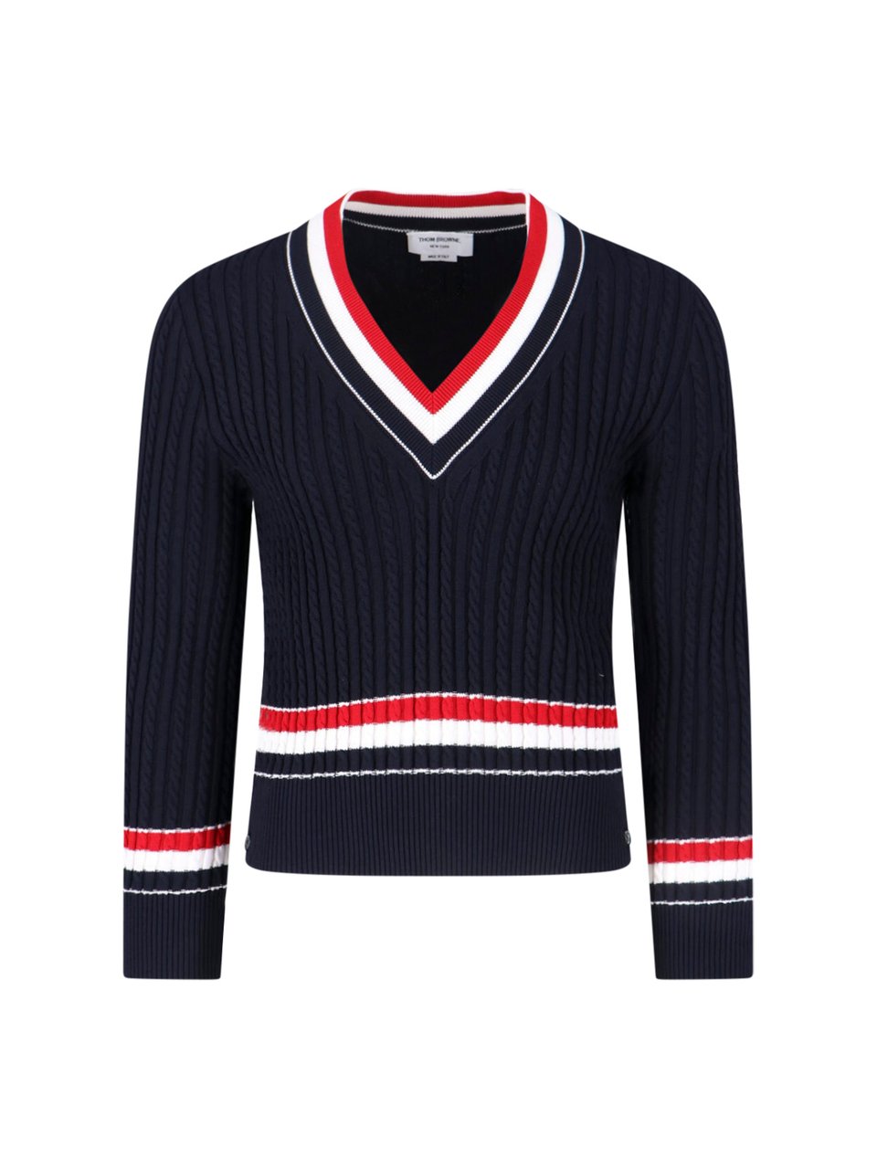 Thom Browne Navy Ribbed Cotton V-Neck Sweater Blauw