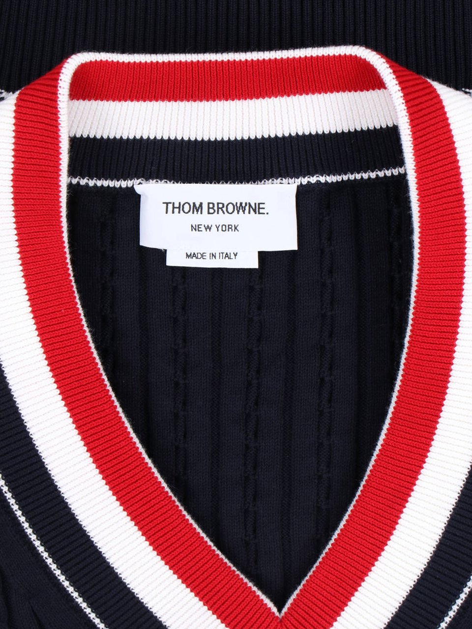 Thom Browne Navy Ribbed Cotton V-Neck Sweater Blauw