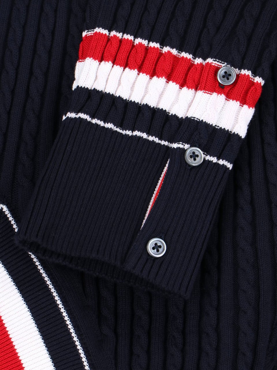 Thom Browne Navy Ribbed Cotton V-Neck Sweater Blauw