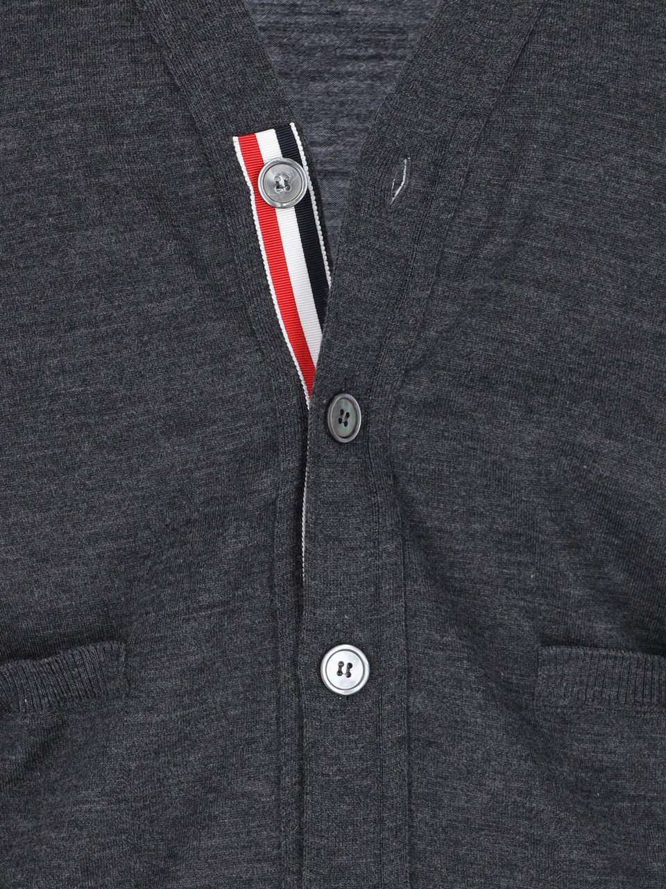 Thom Browne Iconic V-Neck Cardigan In Grey Wool With Signature Stripes Grijs